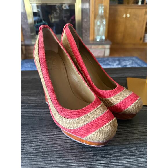 Vintage TORY BURCH JOELLE PLATFORM LINEN PUMP HEEL STRIPED RED/TAN SHOES Sz. 7 - Picture 7 of 9